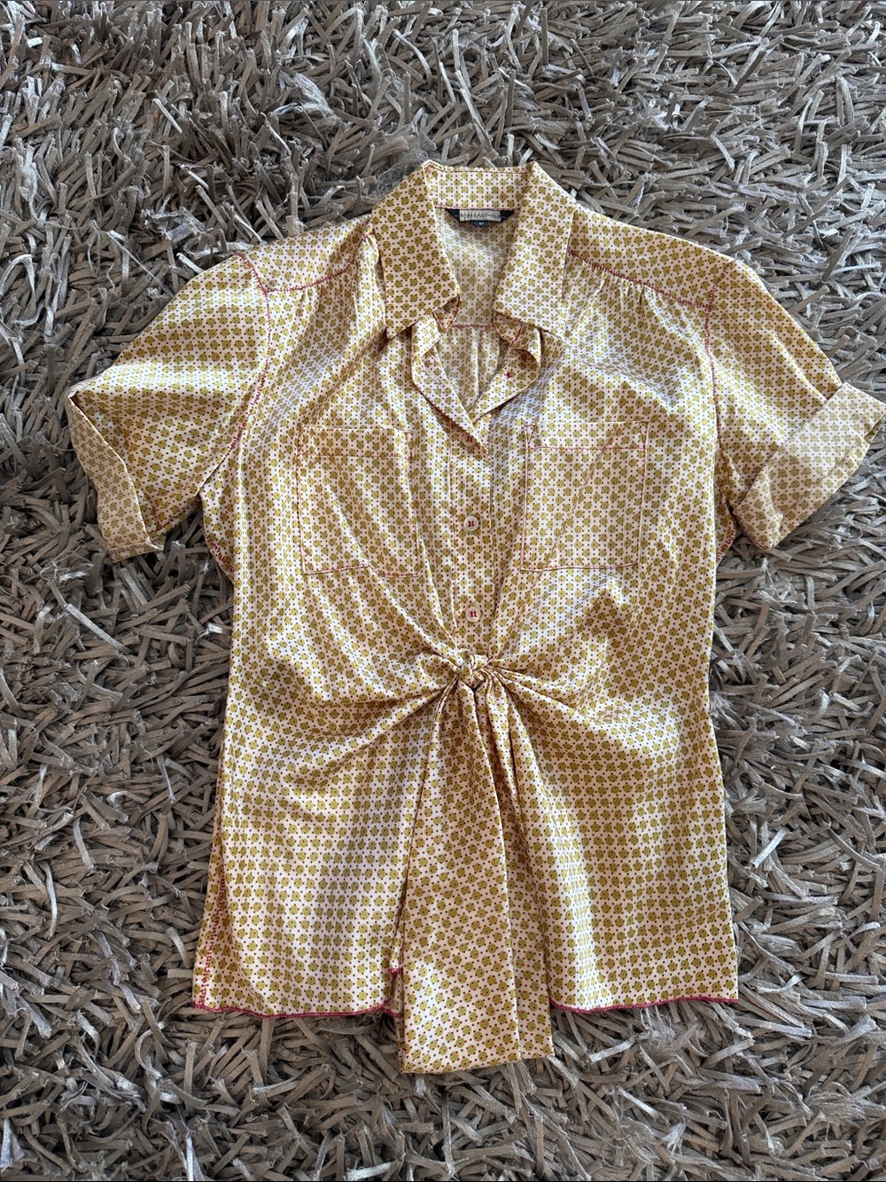 Rozae Nichols Yellow Patterned Short-Sleeve Tie-Front Shirt